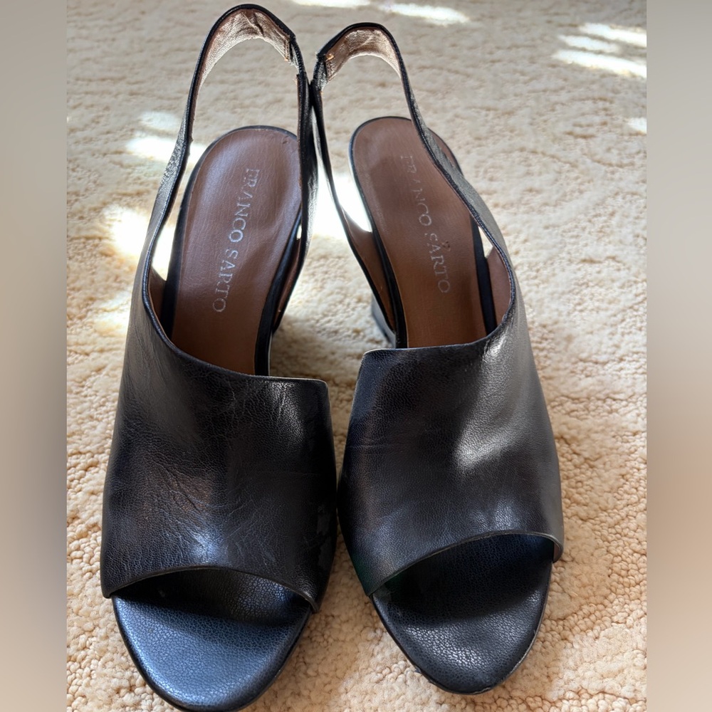 Franco Sarto Black Leather Peep-Toe Slingback Heels, size 9